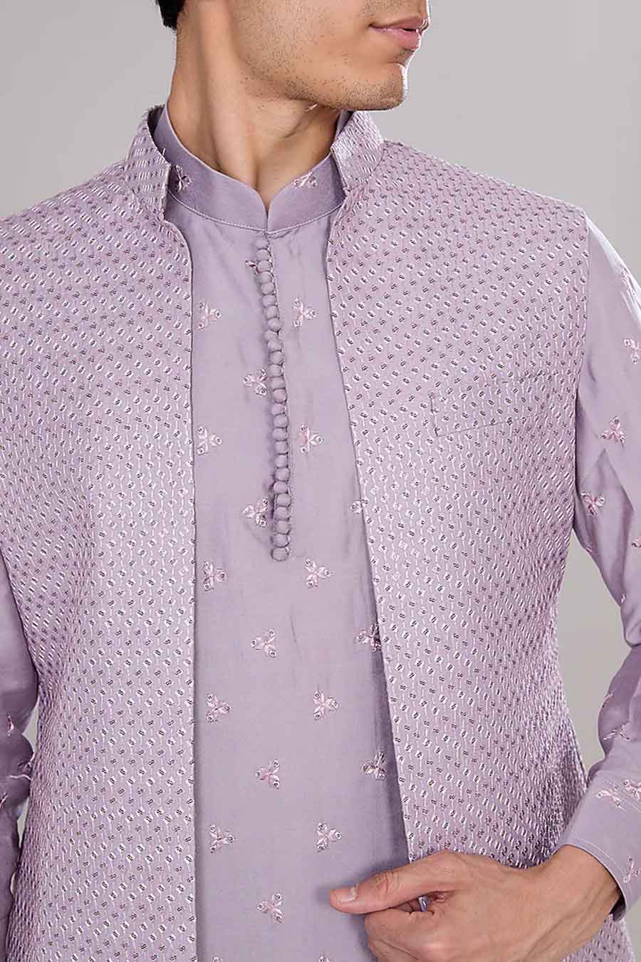 Lavender Kurta Set With Embroidered Long Jacket