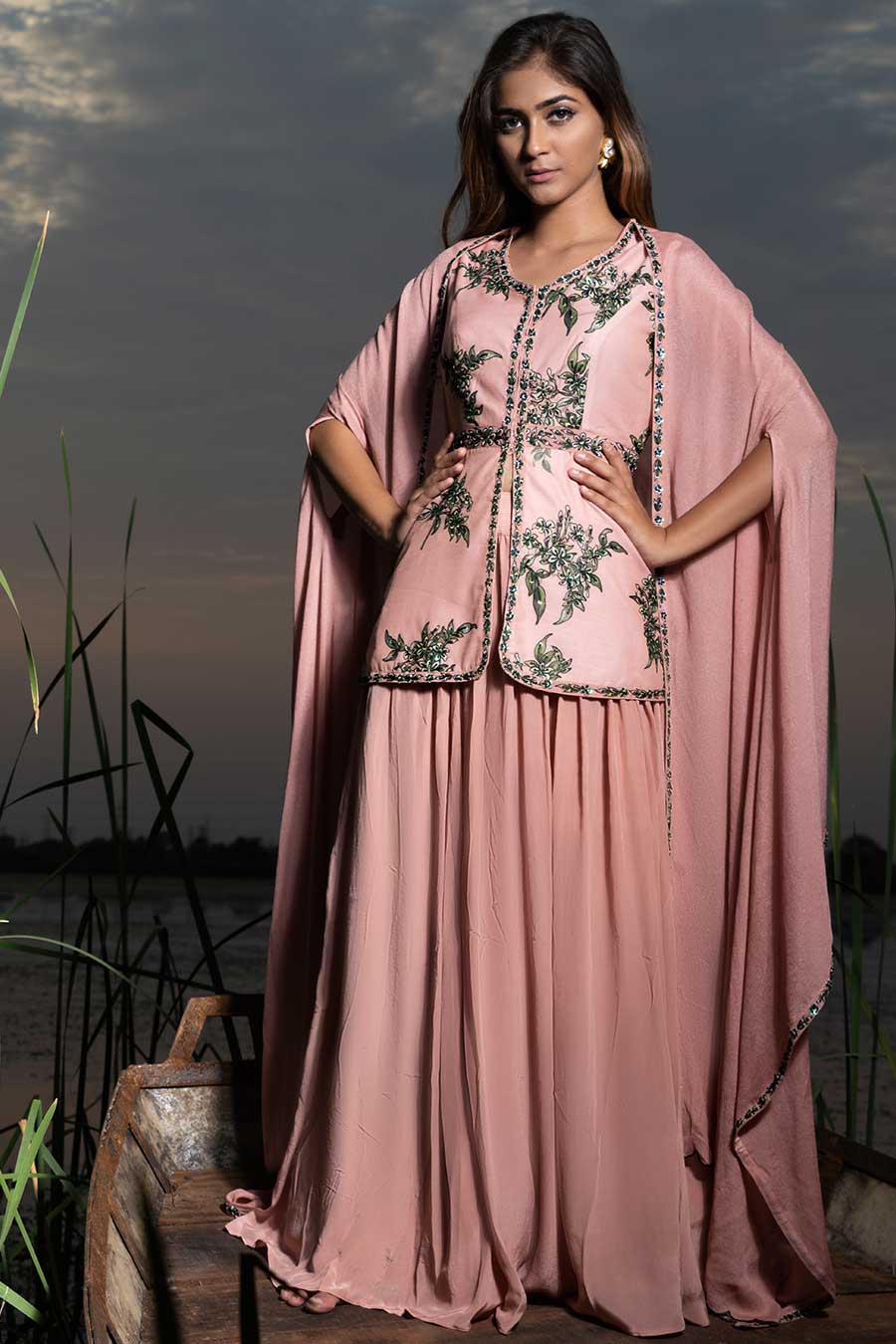 Rossa Peplum Top Skirt with Attached Cape Co ord set