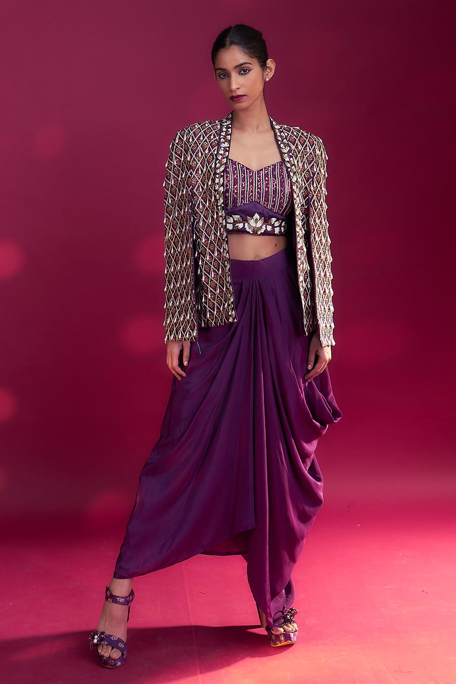 Shop Purple Ajrakh Embroidered Blouse, Jacket & Skirt Set by SEJAL KAMDAR at House of Designers HOUSE OF DESIGNERS Shop Purple Ajrakh Embroidered Blouse, Jacket & Skirt Set by SEJAL KAMDAR at House of Designers HOUSE OF DESIGNERS