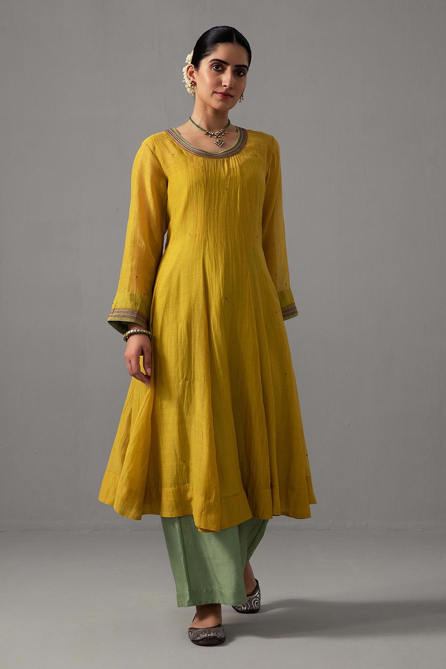 Yellow & Green Embroidered Anarkali Set