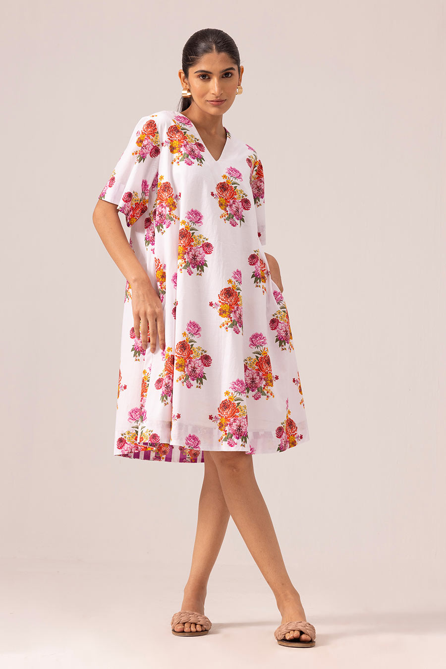White & Pink Ishani Printed Dress