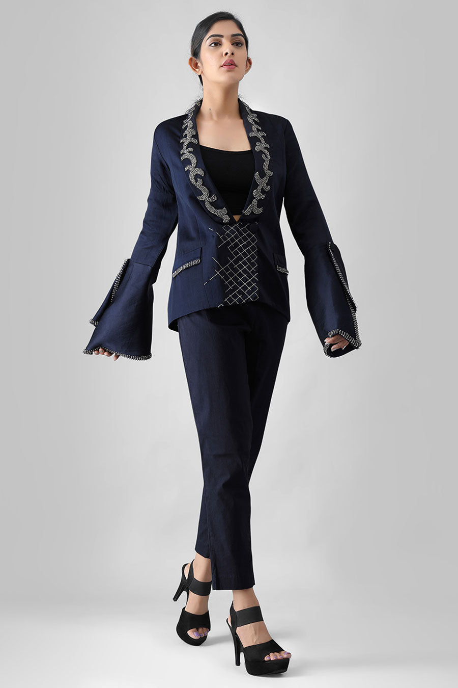 Navy Blue Embroidered Blazer