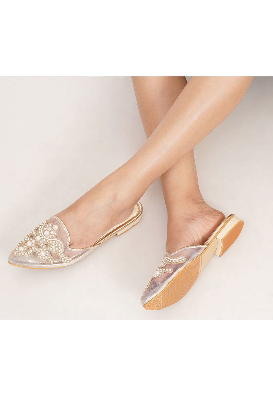 Cream Marylin Pearl Embroidered Flat Mules