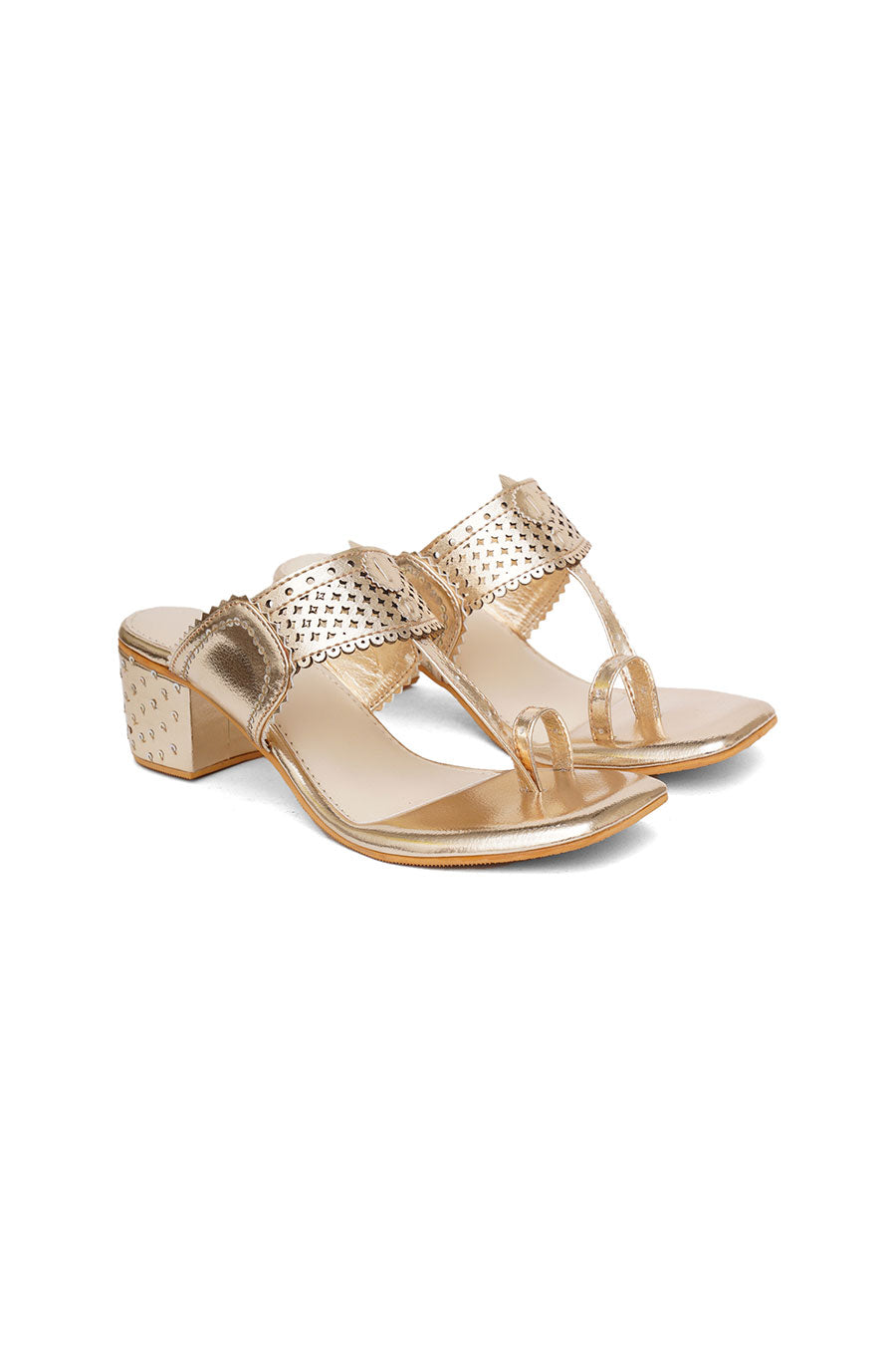 Gold Metallic Embroidered Kolhapuri Heels