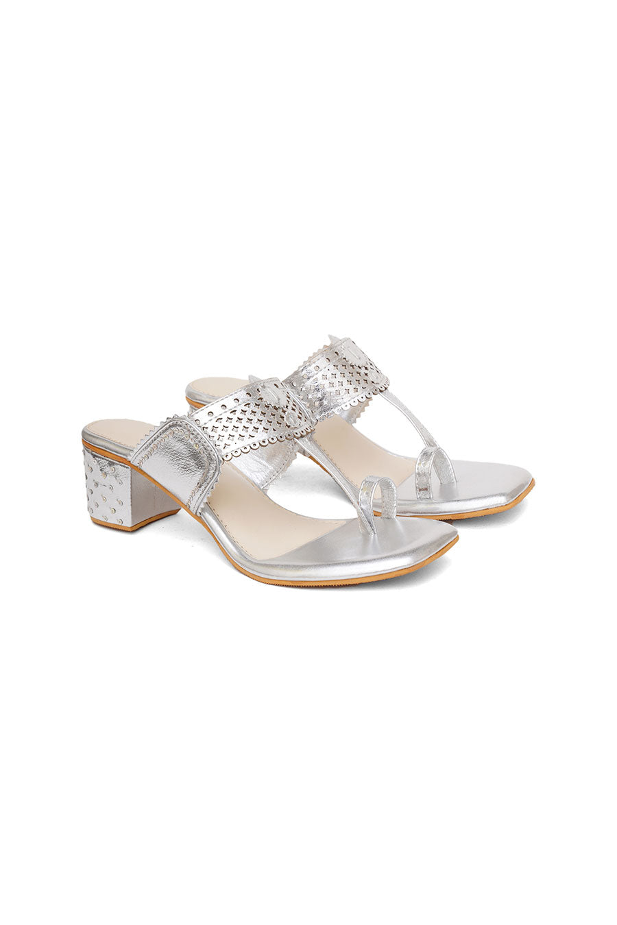 Silver Metallic Embroidered Kolhapuri Heels