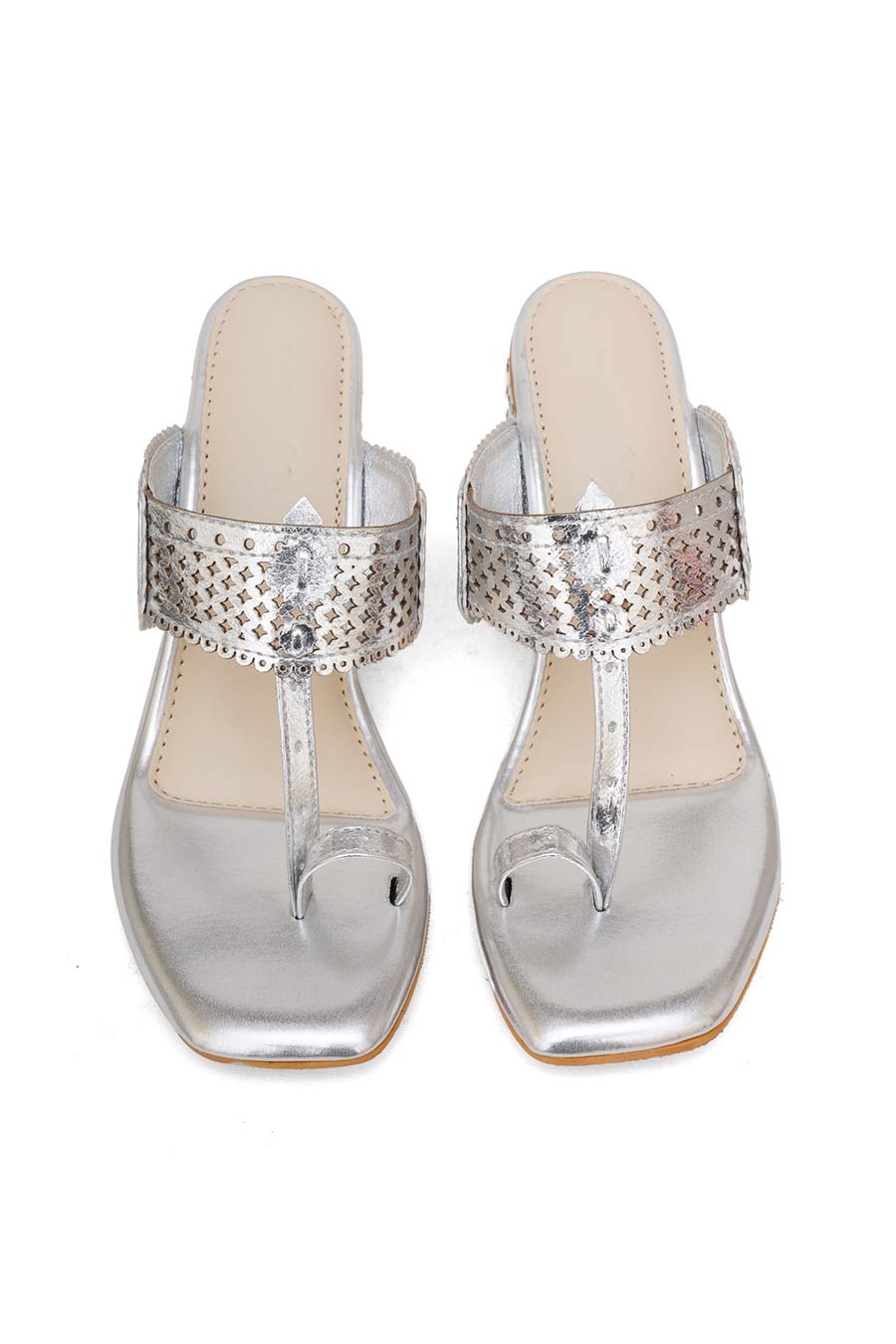 Silver Metallic Embroidered Kolhapuri Heels