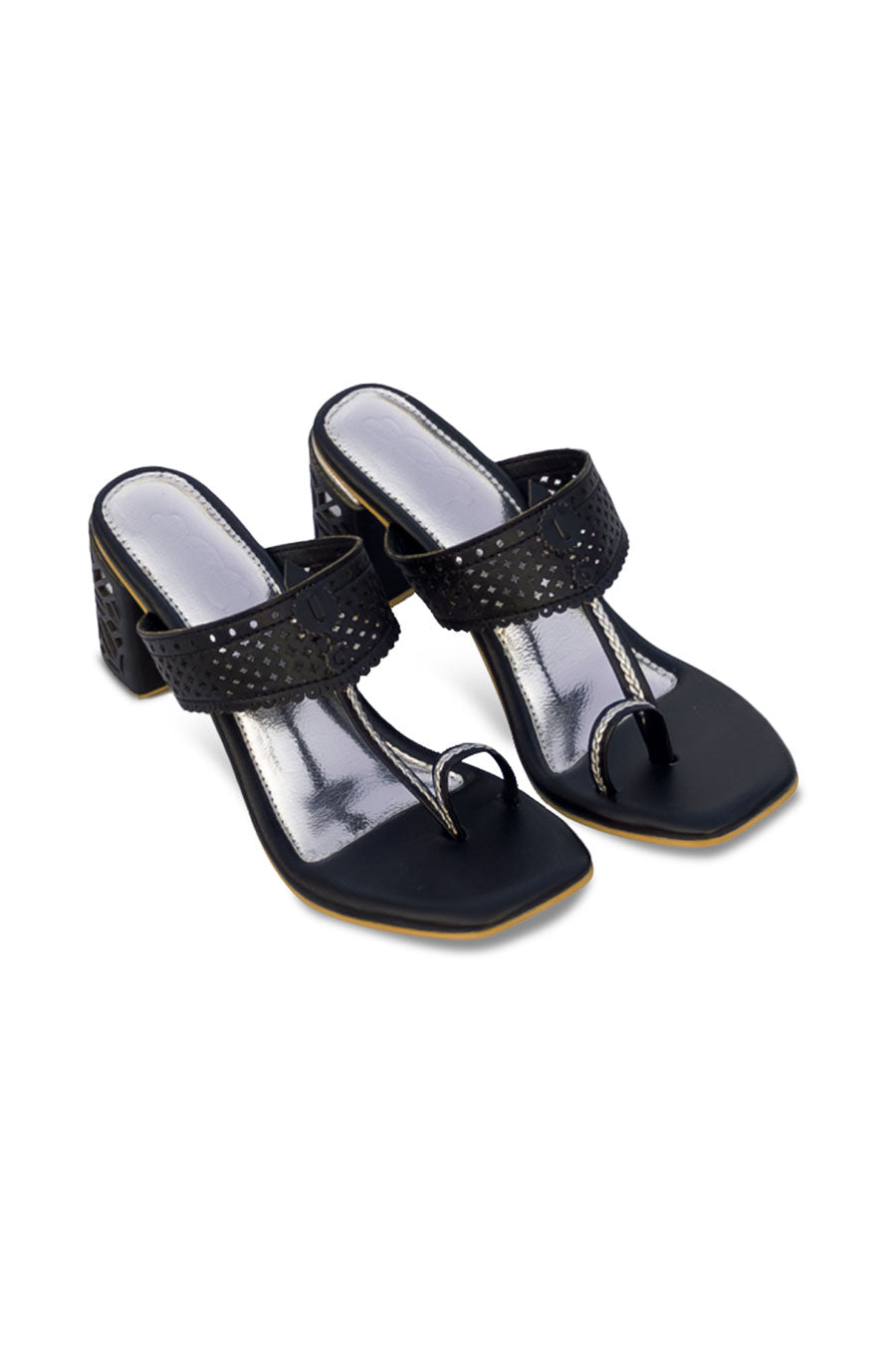 Black & Silver Cut-Out Kolapuri Heels