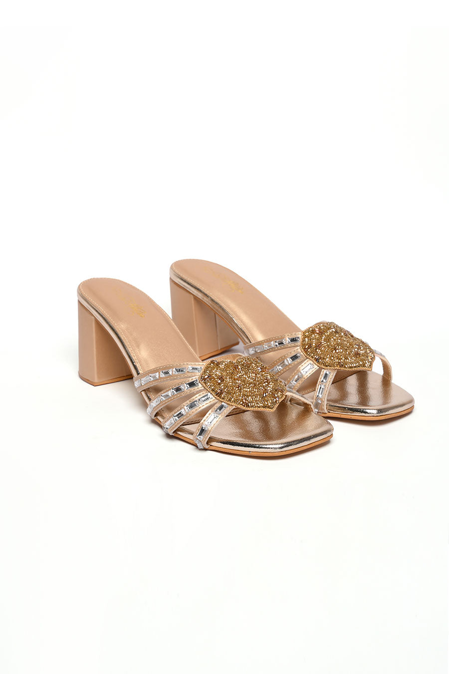 Heart Embellished Gold Heels