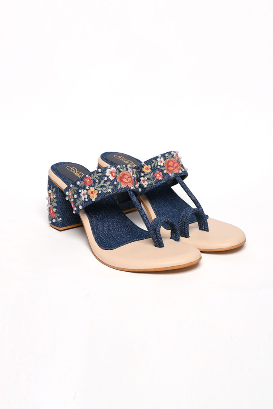 Denim Embroidered Kolhapuri Heels