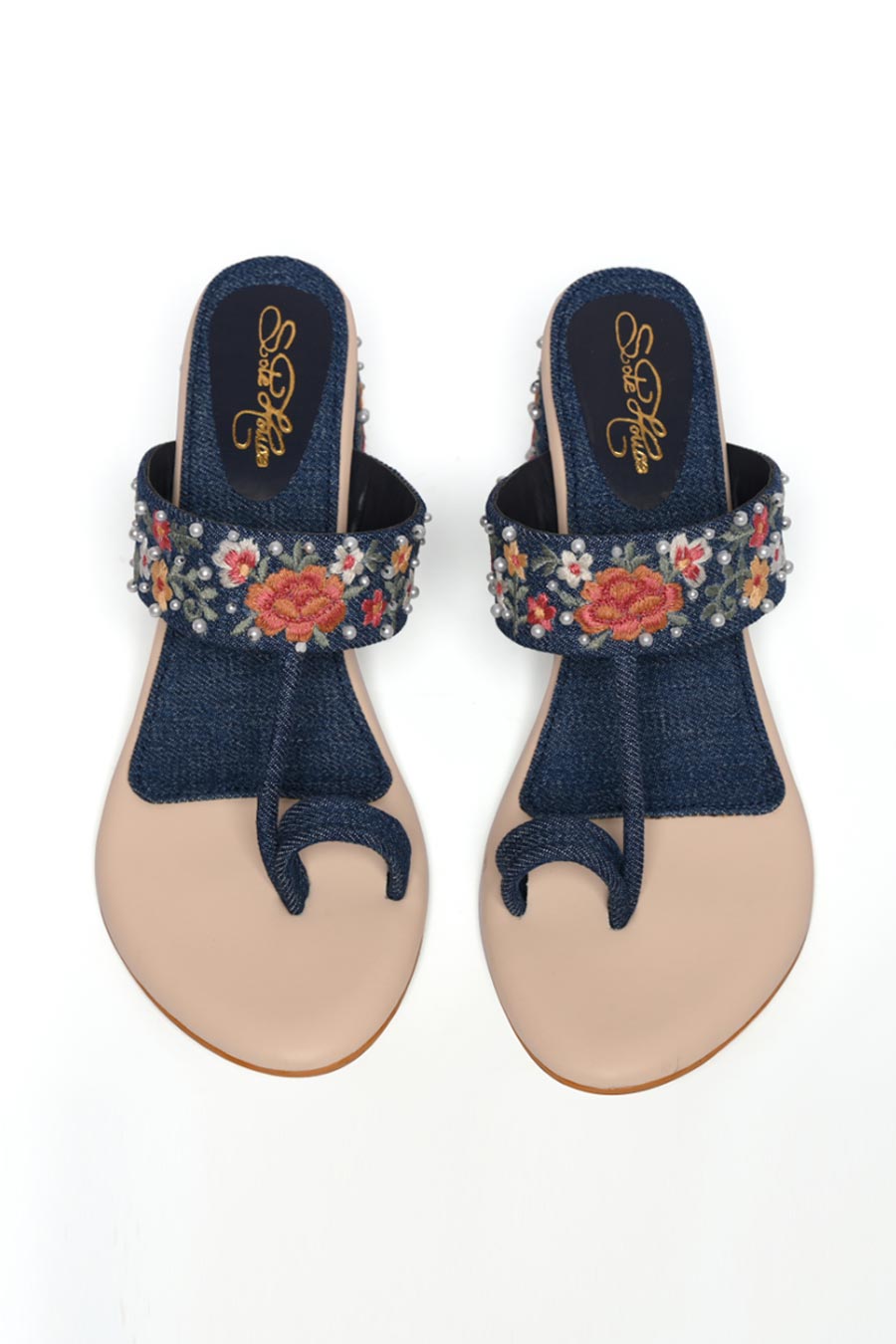 Denim Embroidered Kolhapuri Heels