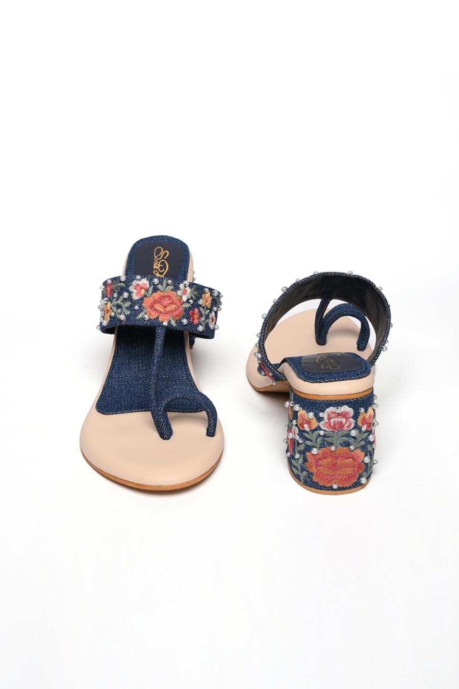 Denim Embroidered Kolhapuri Heels