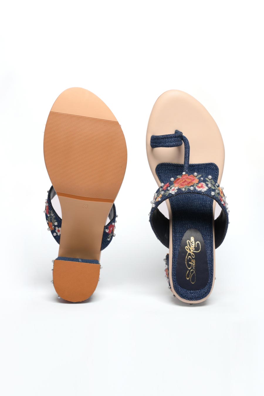 Denim Embroidered Kolhapuri Heels