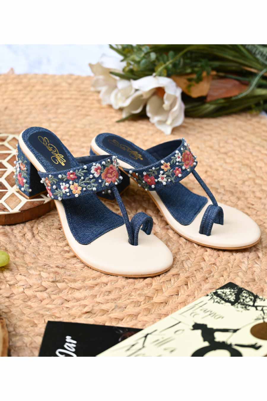 Denim Embroidered Kolhapuri Heels