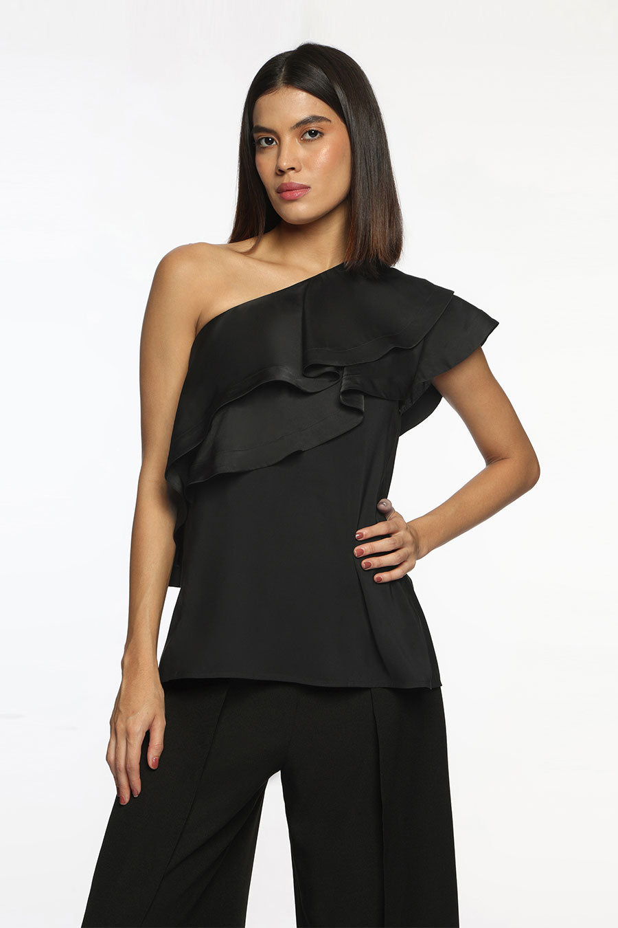 Black Aries One-Shoulder Top