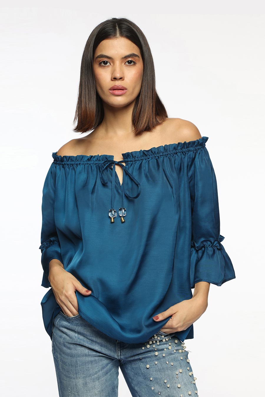 Blue Off-Shoulder Gathered Top