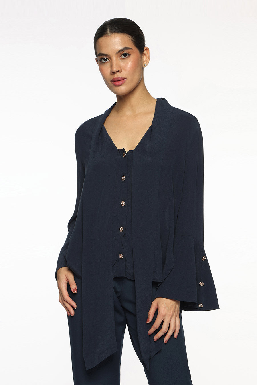 Dark Blue Phoebe Front-Tie Top