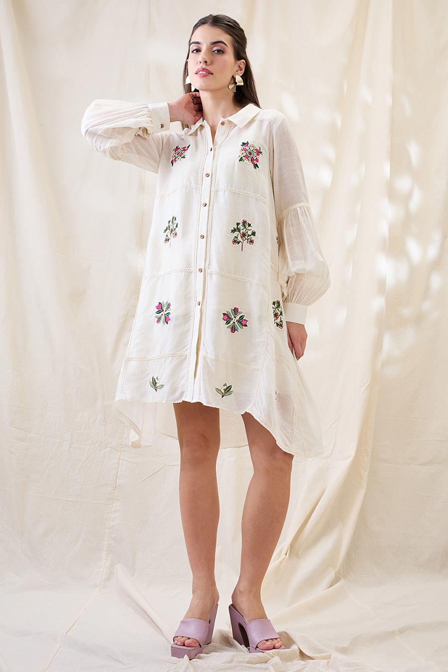 White Gulzaar Applique A-Line Shirt Dress
