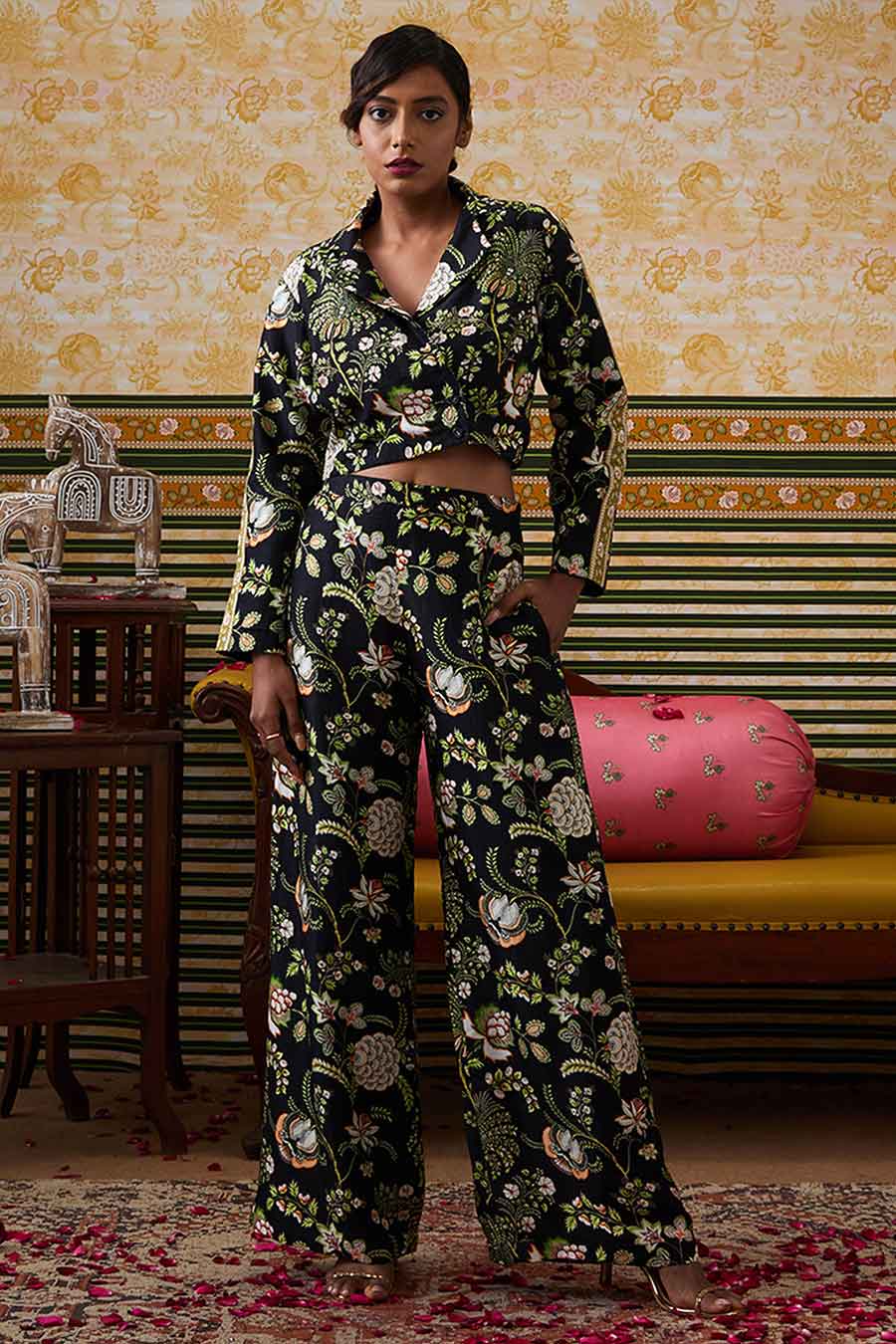 Shop Black Mehr Printed Crop Blazer Pant Co-Ord Set by SOUP BY