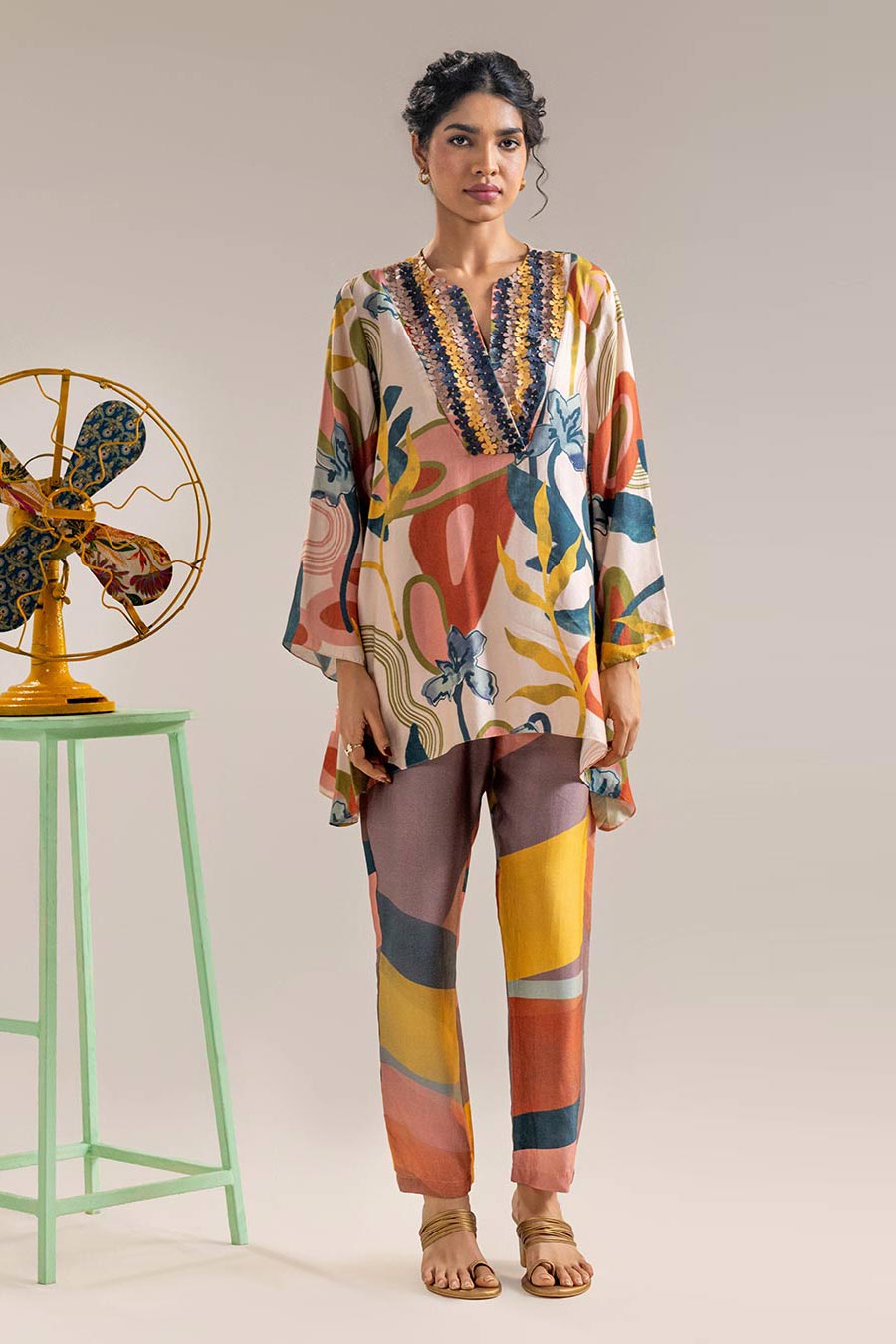 Beige Flora Printed Top & Pant Co-Ord Set