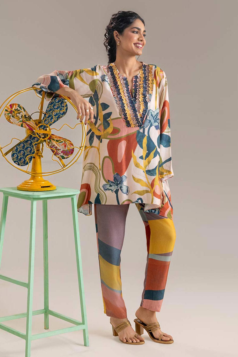 Beige Flora Printed Top & Pant Co-Ord Set