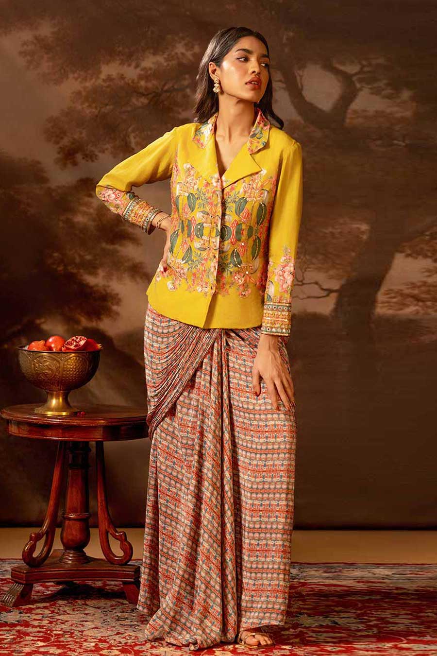 Yellow Tamaya Embellishment Jacket & Skirt Co-Ord Set