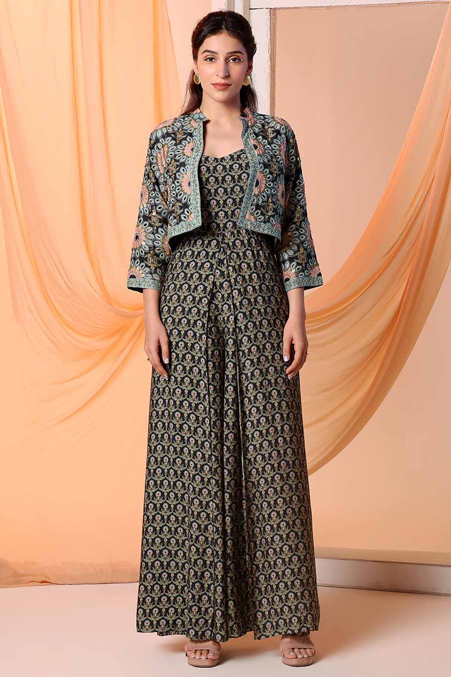 Black Eraya Printed Jumpsuit Jacket Set - Main Image