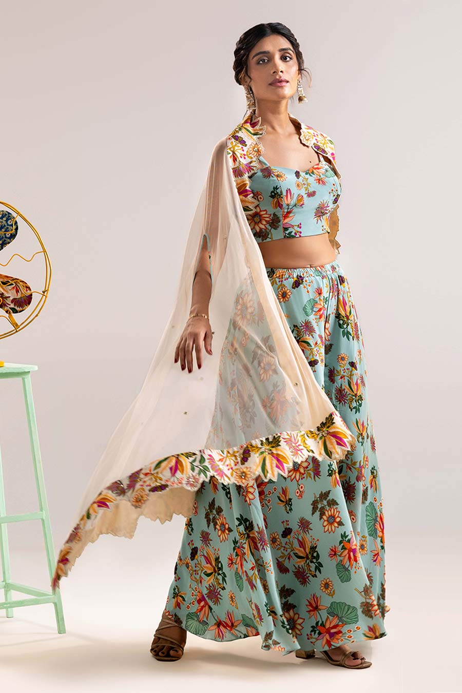 Blue Aarani Embellished Palazzo Set With Cape