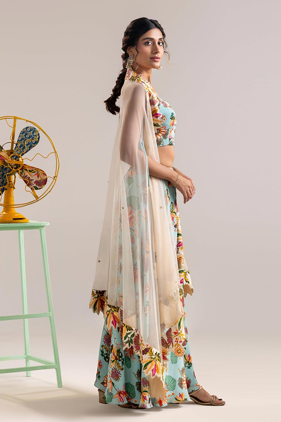 Blue Aarani Embellished Palazzo Set With Cape