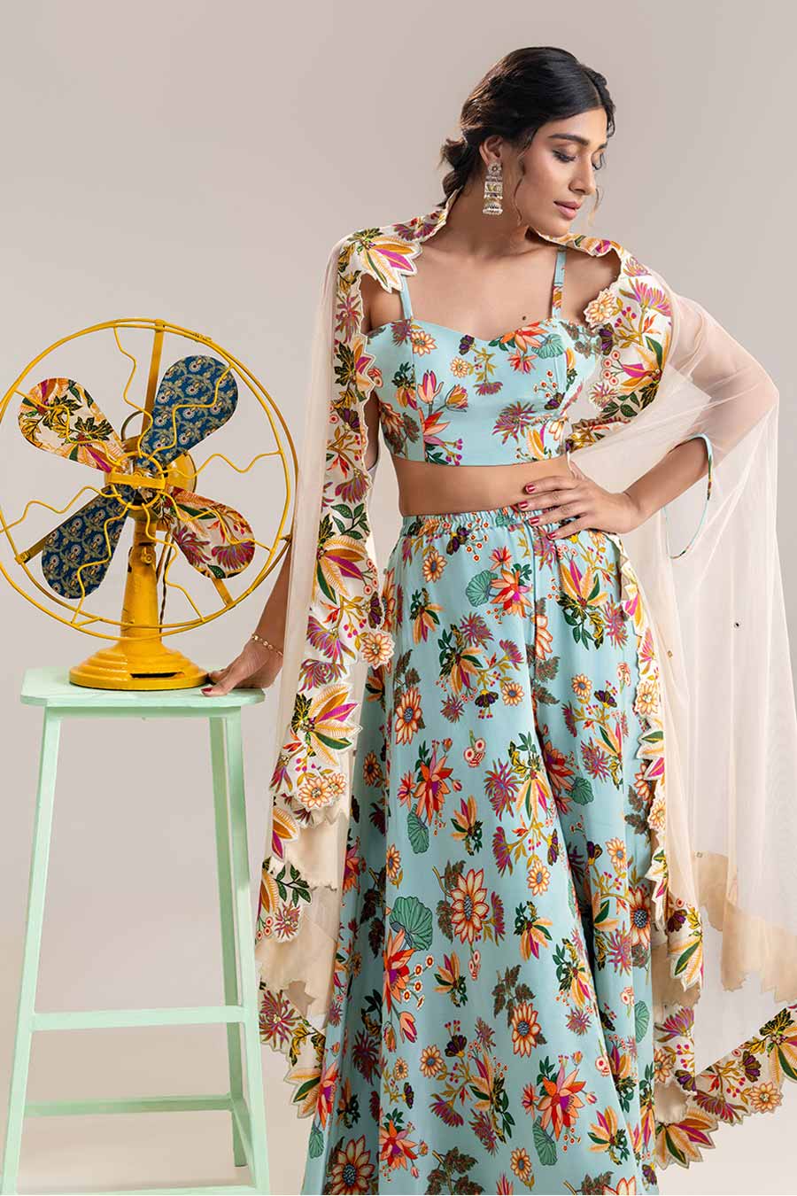 Blue Aarani Embellished Palazzo Set With Cape