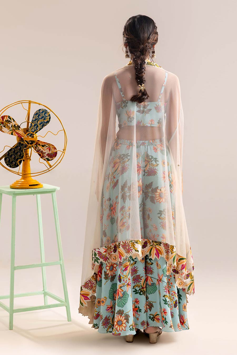 Blue Aarani Embellished Palazzo Set With Cape