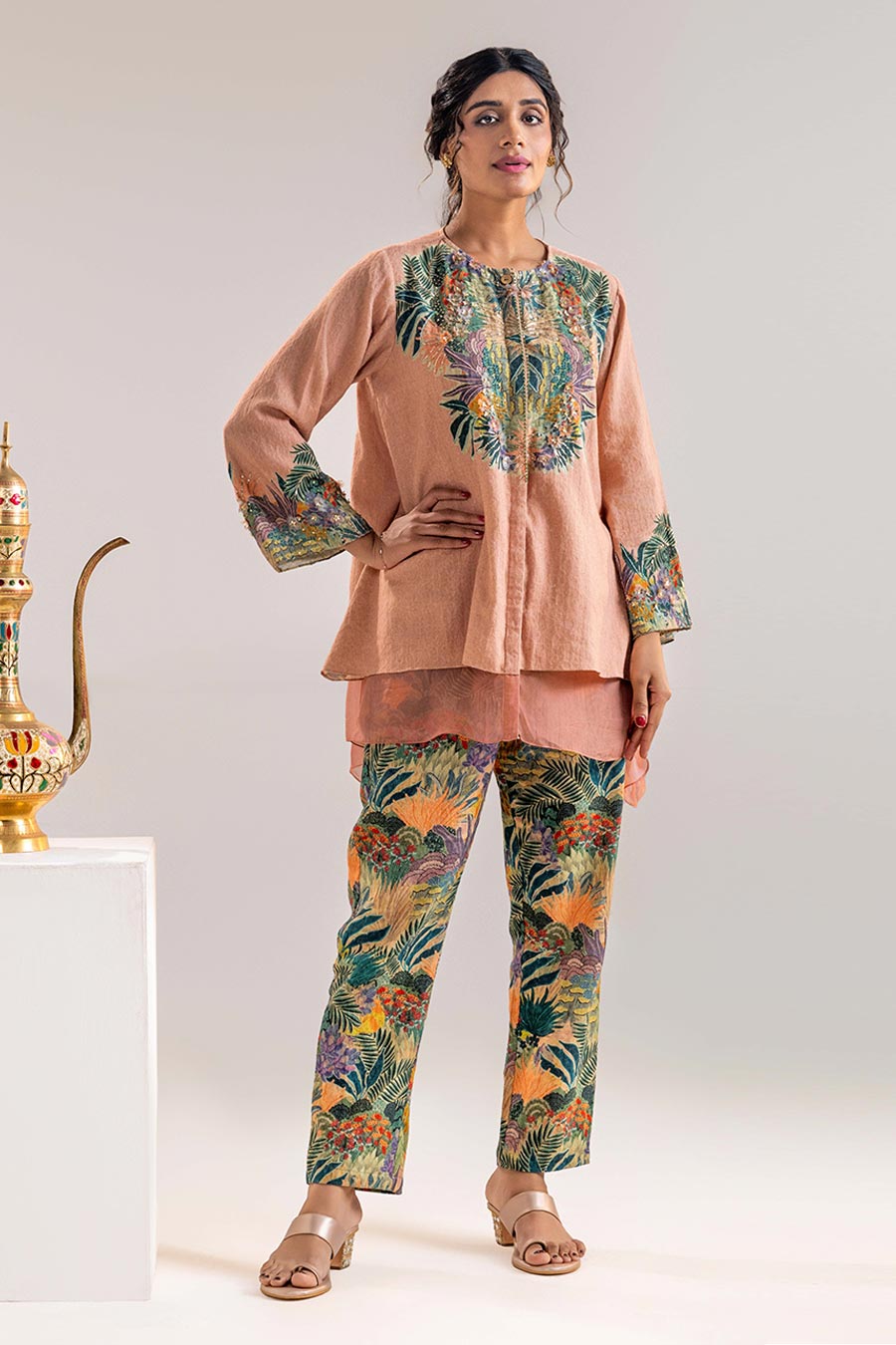 Pink Kaira Embellished Layered Top & Pant Co-Ord Set