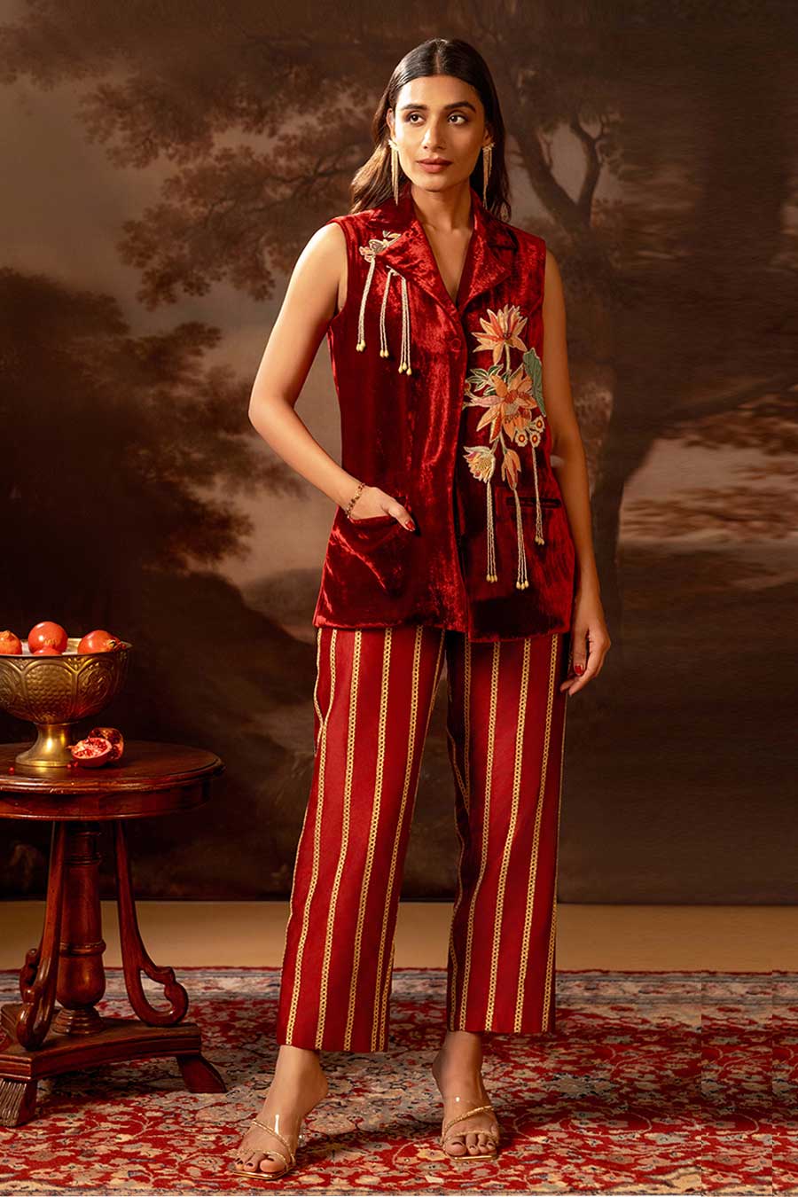 Red Aarani Embroidered Blazer Top & Pant Co-Ord Set