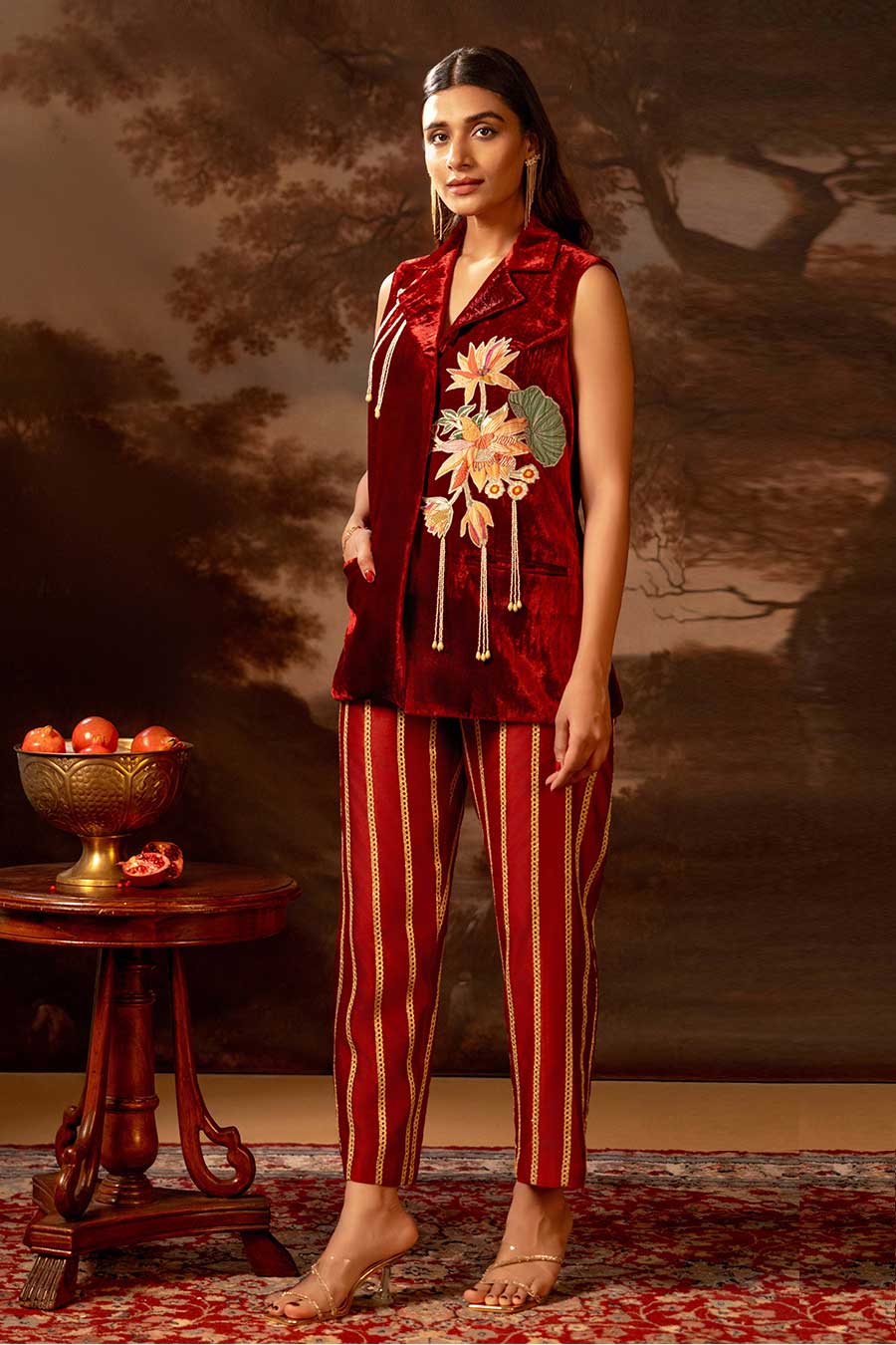 Red Aarani Embroidered Blazer Top & Pant Co-Ord Set