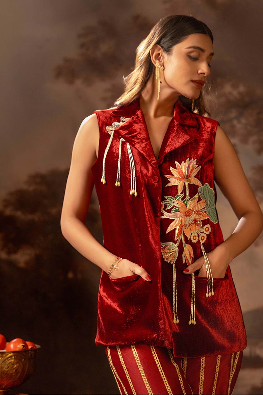 Red Aarani Embroidered Blazer Top & Pant Co-Ord Set