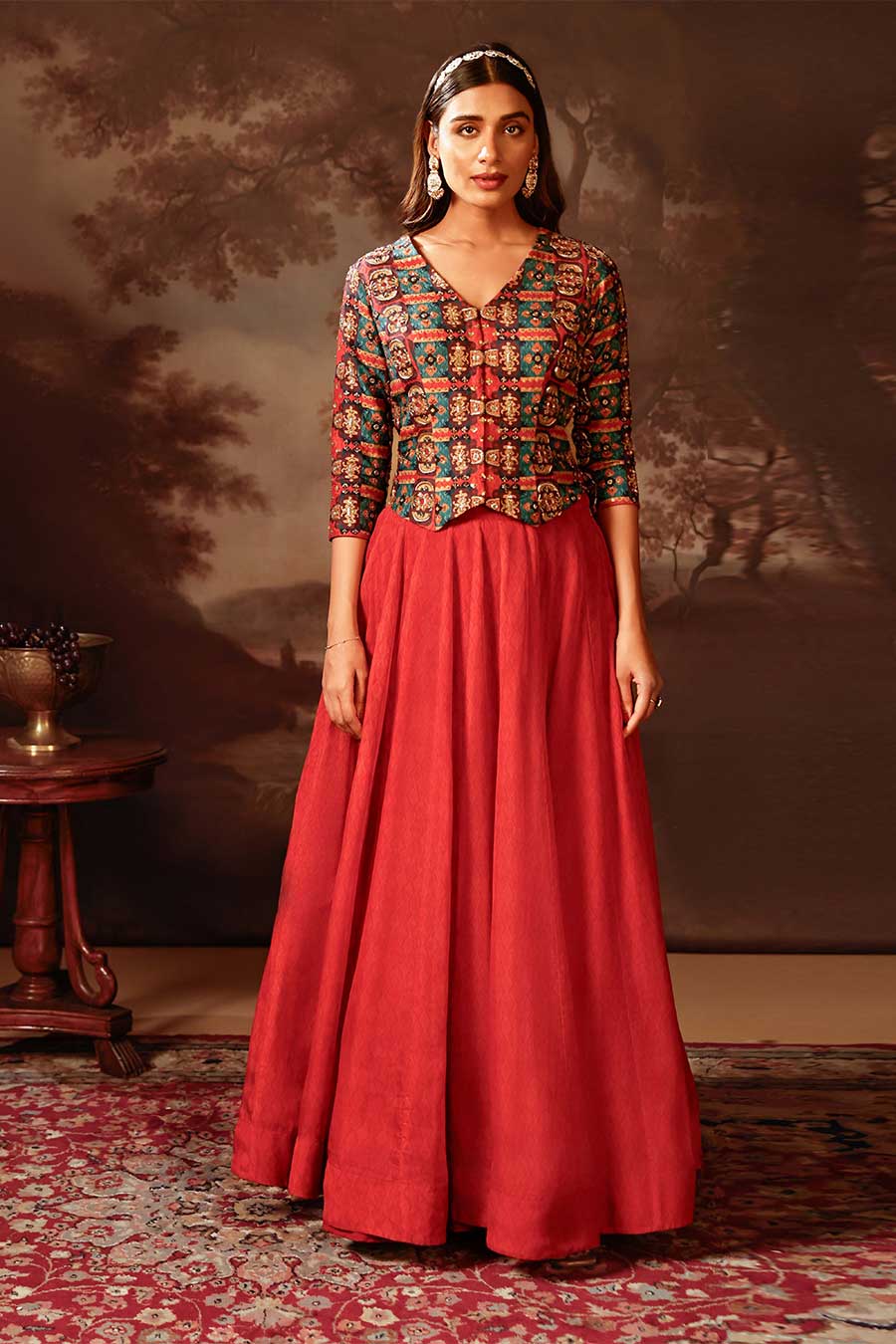 Red Orani Embellished Top Skirt Set - Main Image
