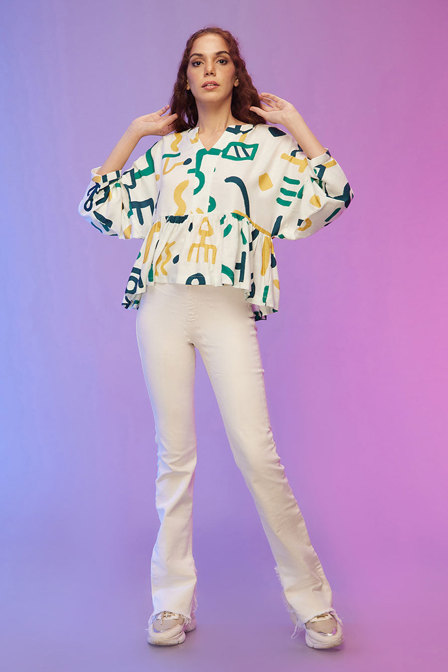 White Doodle Print Kimono Top