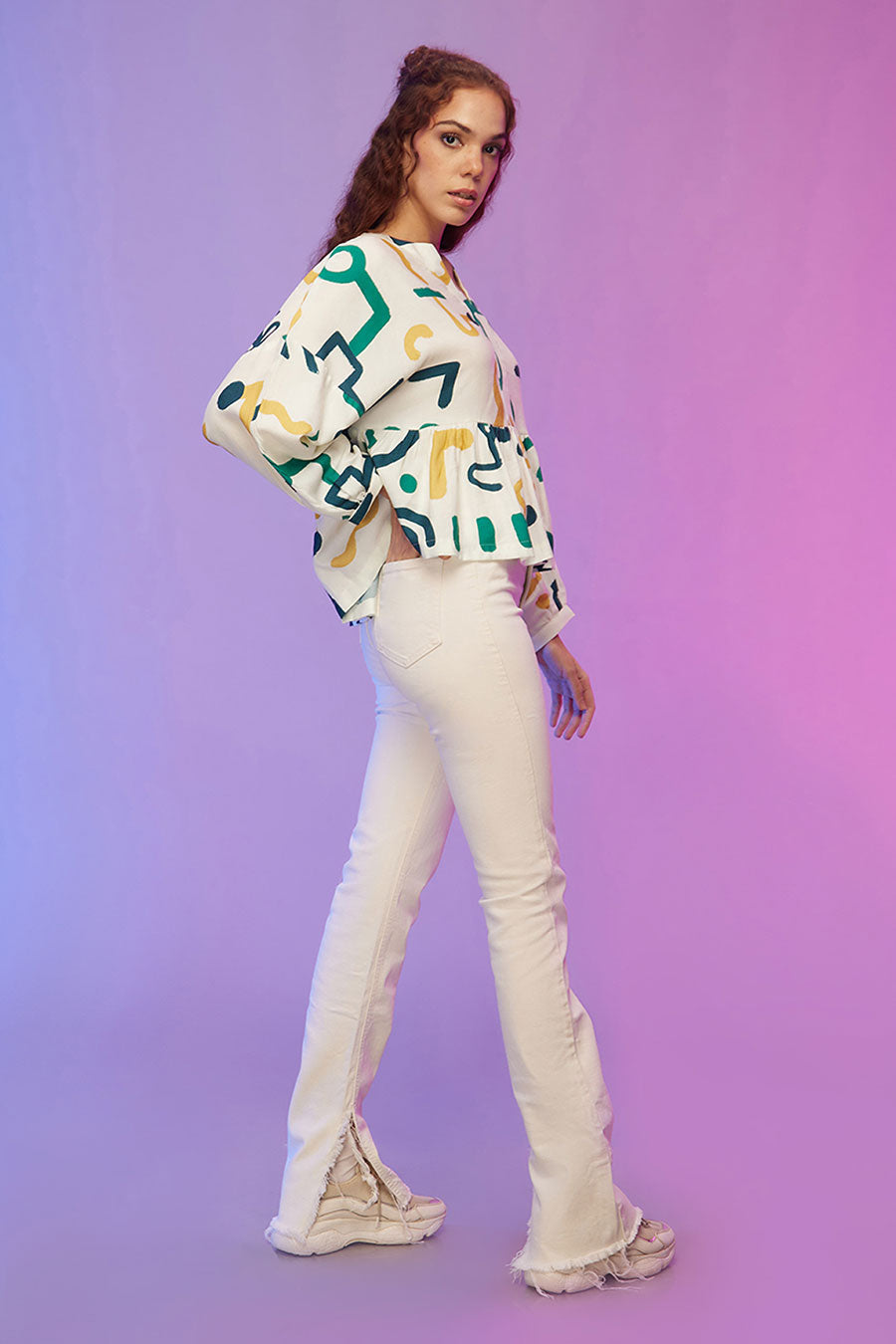 White Doodle Print Kimono Top