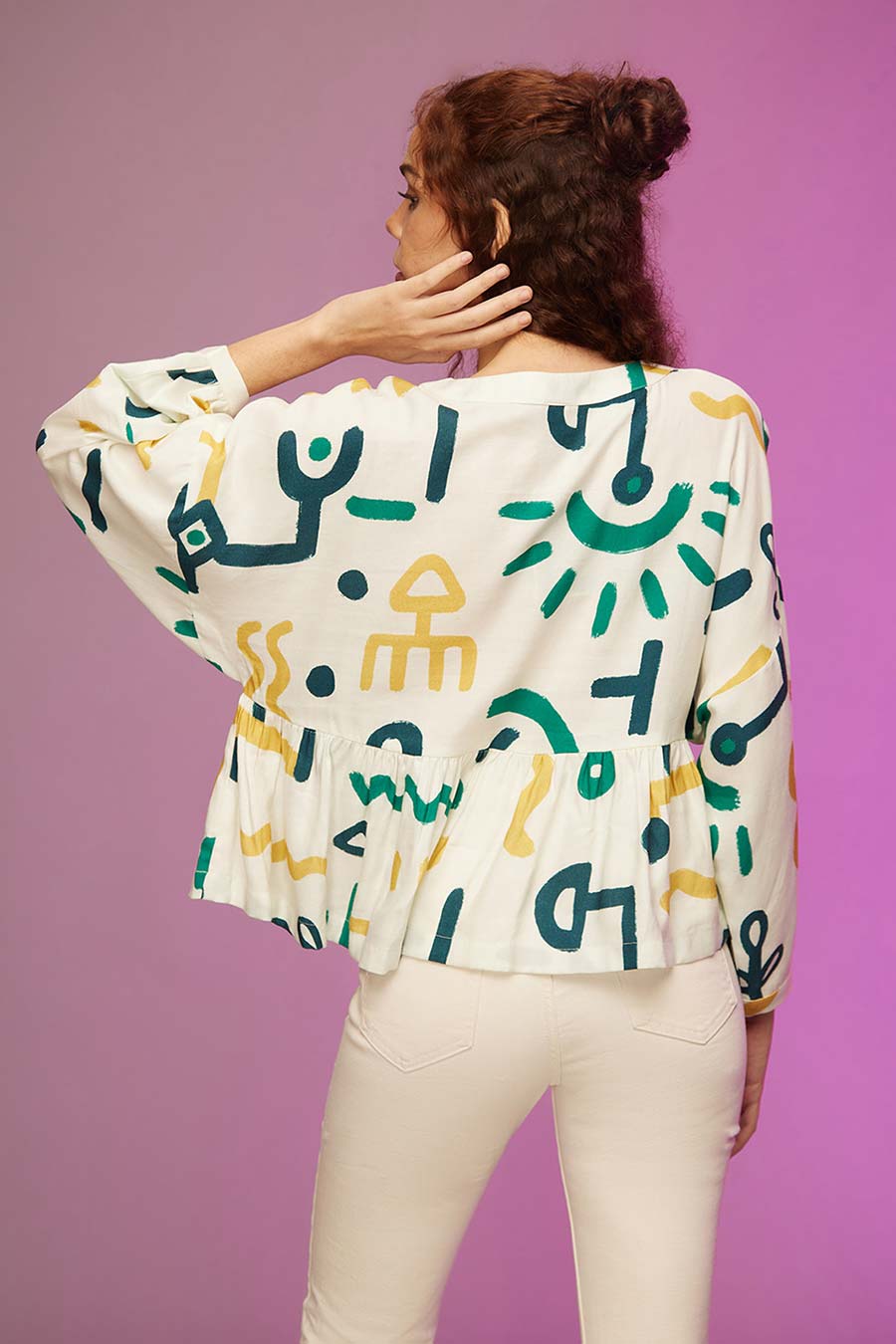 White Doodle Print Kimono Top