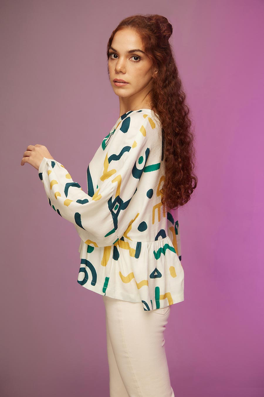 White Doodle Print Kimono Top