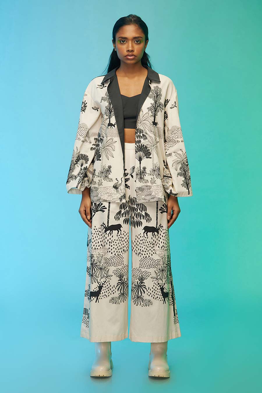 Black & White Tropical Print Jacket & Pant Set