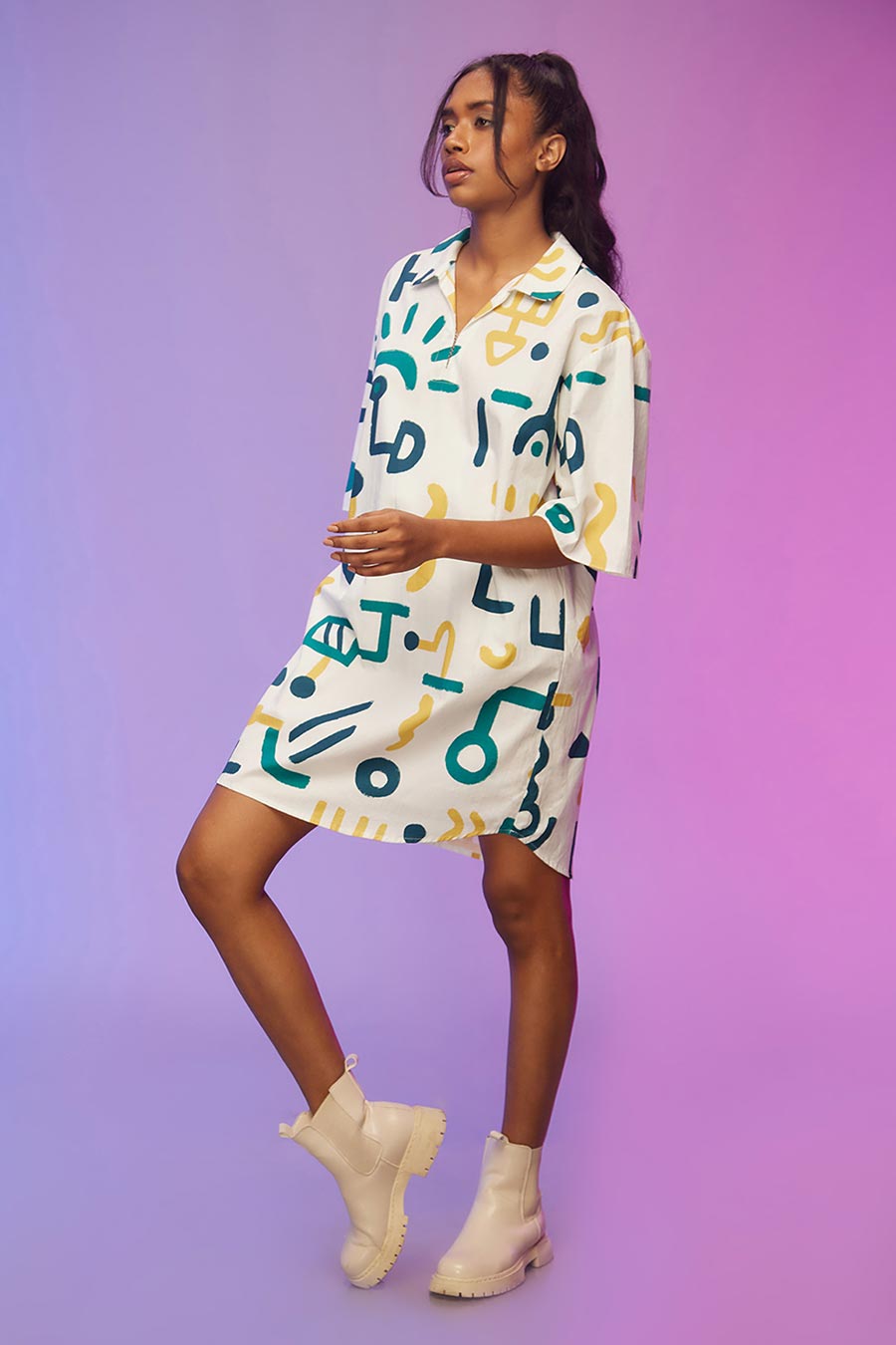 White Doodle Print Short Shirt Dress