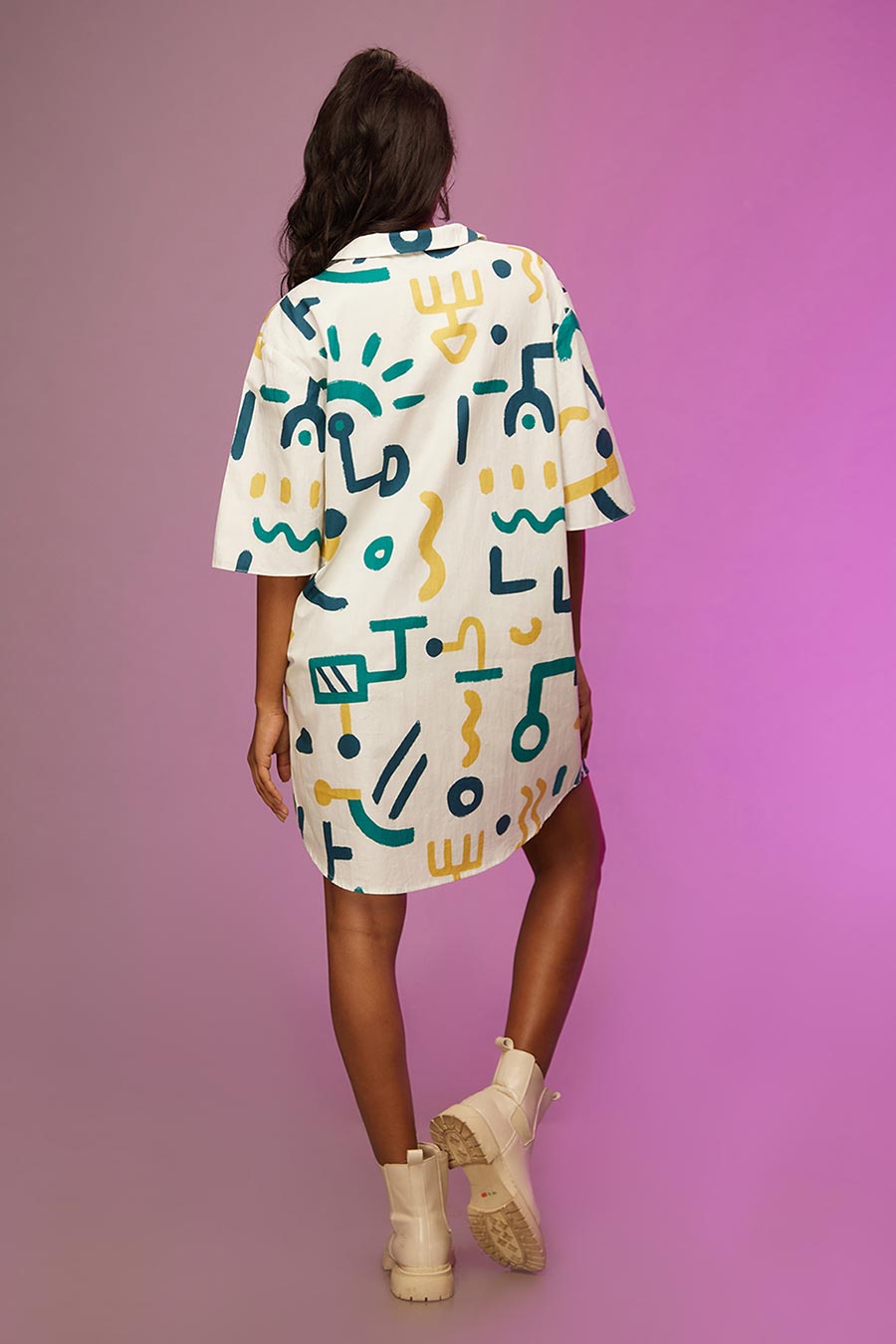 White Doodle Print Short Shirt Dress