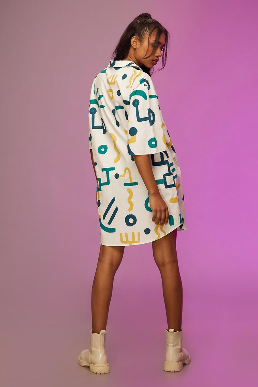 White Doodle Print Short Shirt Dress