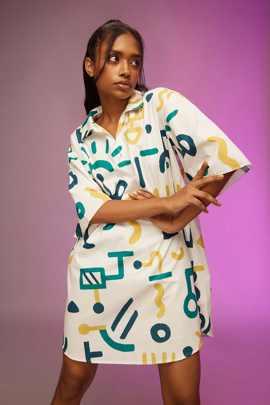 White Doodle Print Short Shirt Dress