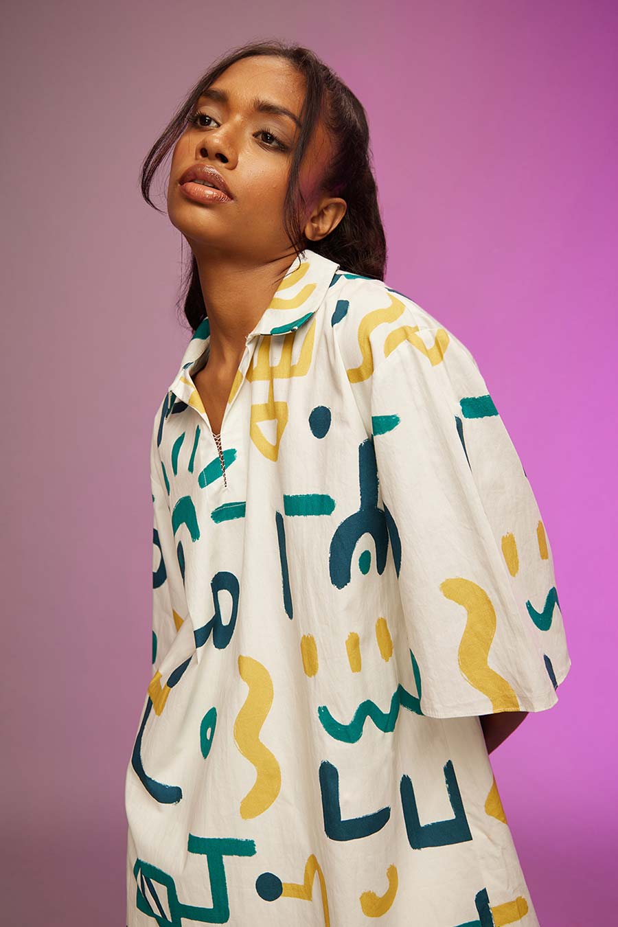 White Doodle Print Short Shirt Dress