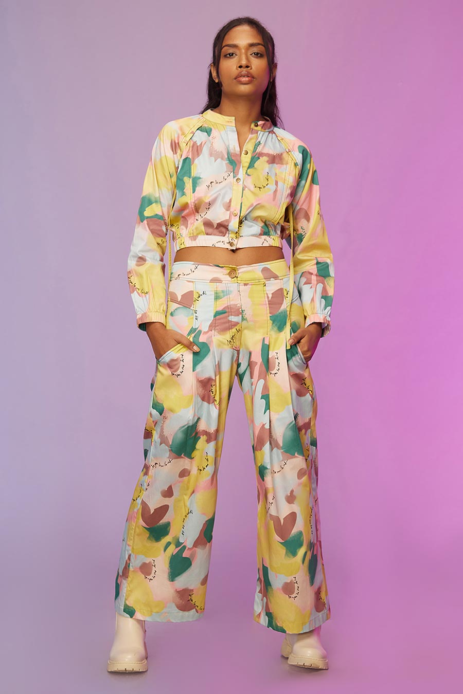 Yellow crop top and pants set on sale