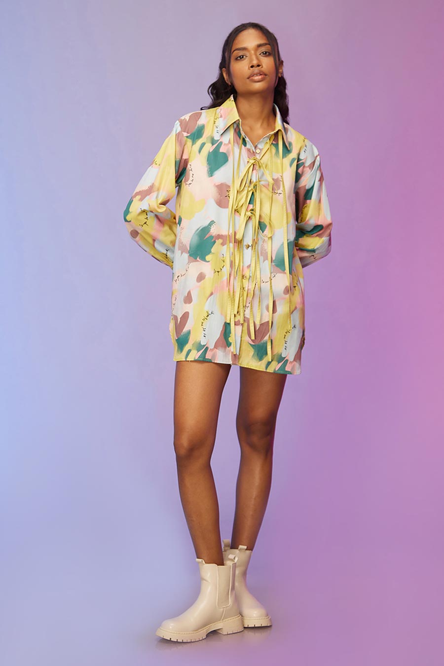 Yellow Printed Drawstring Short Shirt Dress
