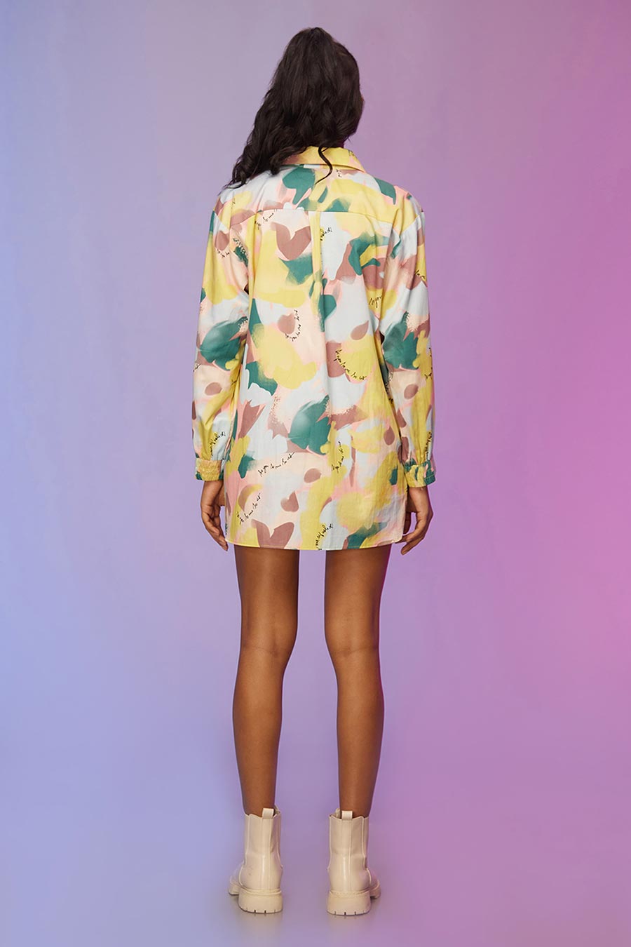 Yellow Printed Drawstring Short Shirt Dress
