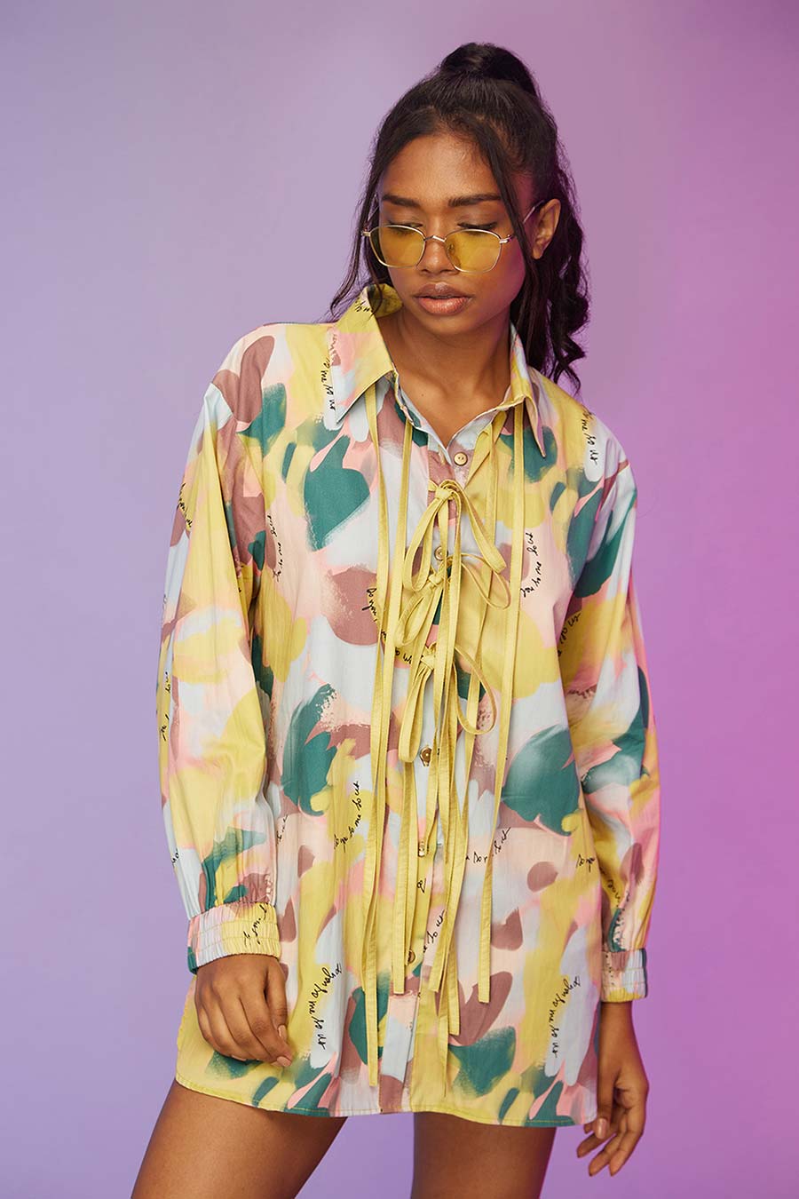 Yellow Printed Drawstring Short Shirt Dress