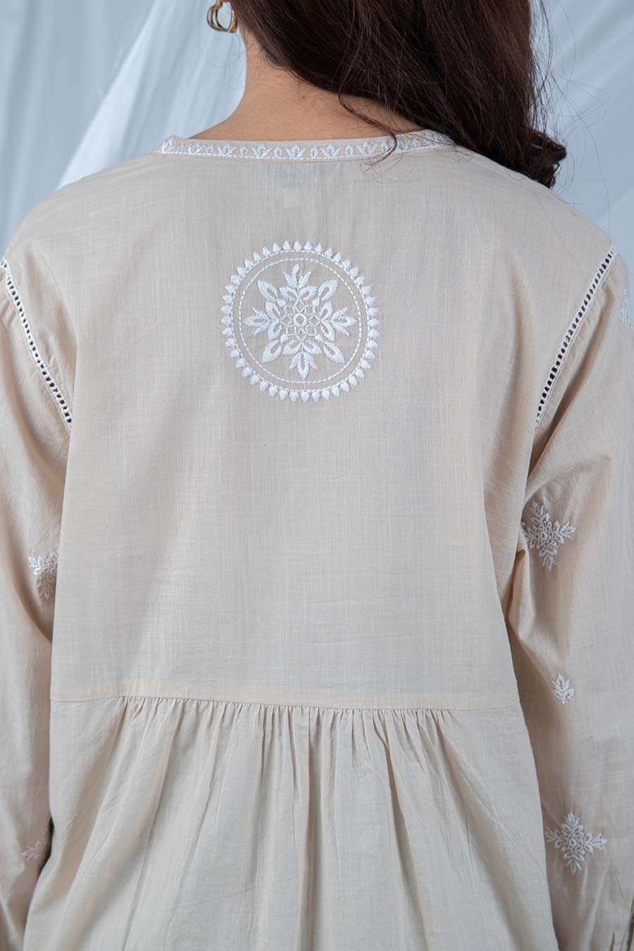 Beige Cotton Embroidered Gathered Top